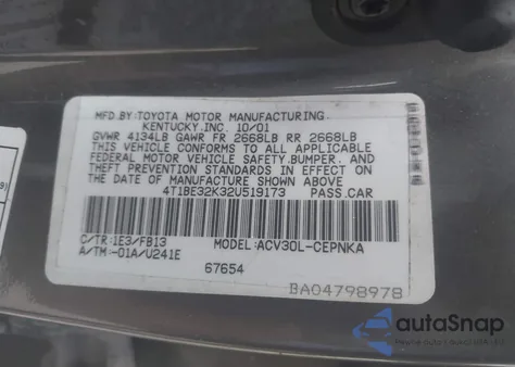 2002 Toyota Camry Le из США, поврежденный, VIN 4T1BE32K32U519173